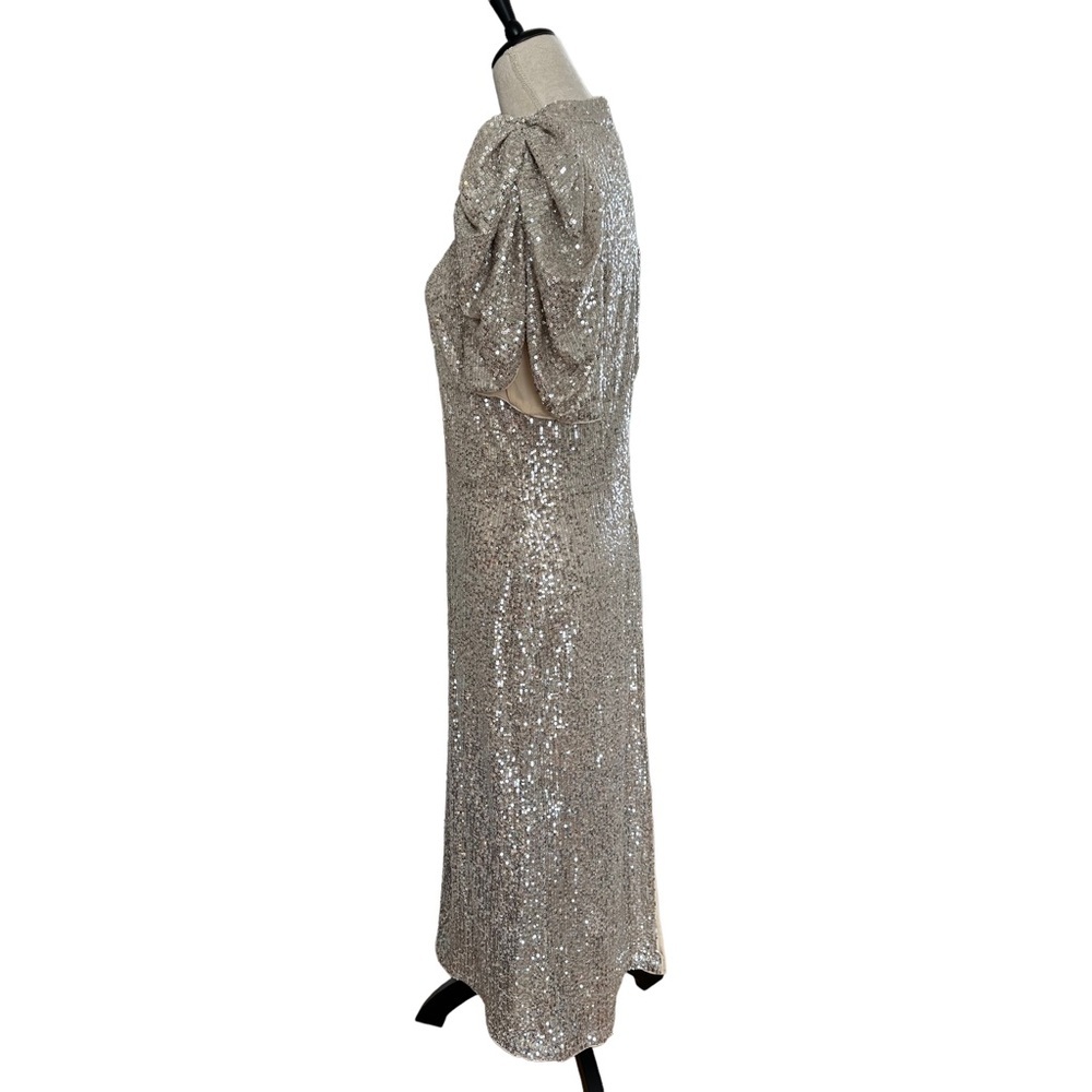 H&M Holiday Collection grey silver puff sleeves midi sequin sparkle dress - Picture 5 of 10